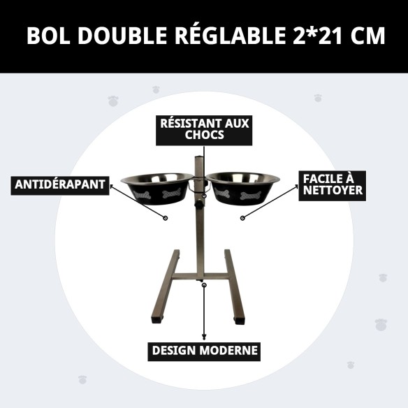 Gamelle pour chiens ajustable en hauteur, deux gamelles de 1,6 L Moly avec design exclusif.