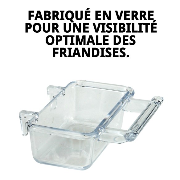 Biscuitière en verre intérieur pour accessoires de cages.