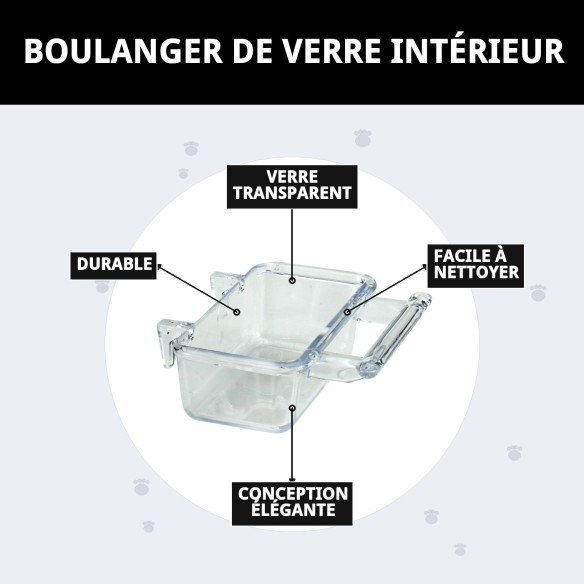 Biscuitière en verre intérieur pour accessoires de cages.
