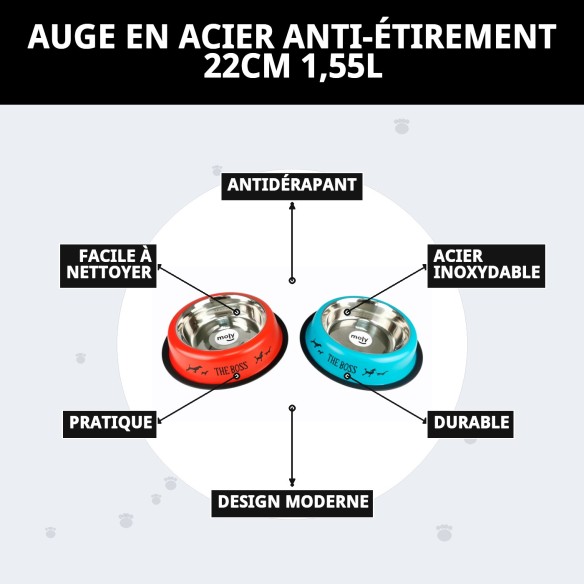 Bol de nourriture en acier antidérapant Draw 22 cm 1,55 L pour animaux de compagnie.