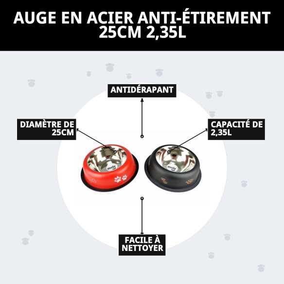 Gamelle en Acier Antidérapante Draw 25cm 2,35L pour Animaux de Compagnie
