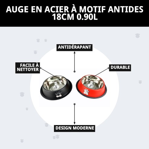 Bol en Acier Antidérapant Motif 18cm 0,90L pour Animaux de Compagnie