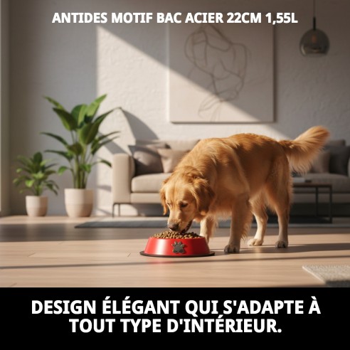 Bol en acier antidérapant Motif 22 cm 1,55 L pour animaux de compagnie.