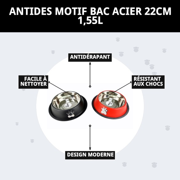 Bol en acier antidérapant Motif 22 cm 1,55 L pour animaux de compagnie.