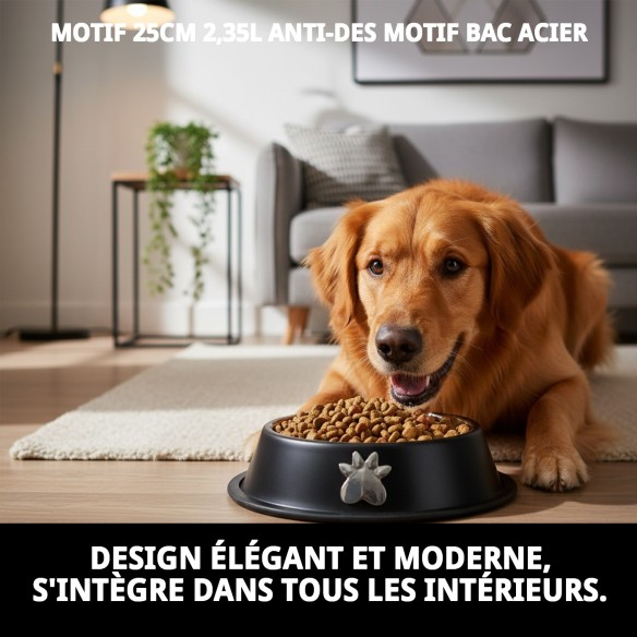 Gamelle en Acier Antidérapante Motif 25cm 2,35L pour Animaux de Compagnie