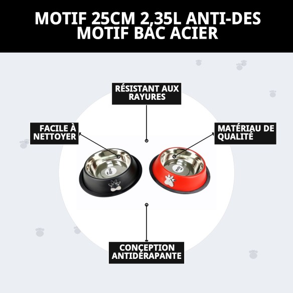 Gamelle en Acier Antidérapante Motif 25cm 2,35L pour Animaux de Compagnie