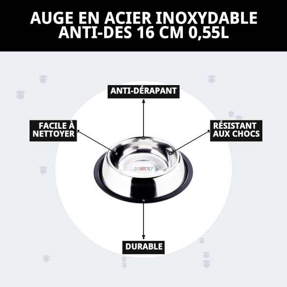 Bol anti-dérapant en acier 16 cm 0,55 L pour animaux de compagnie.