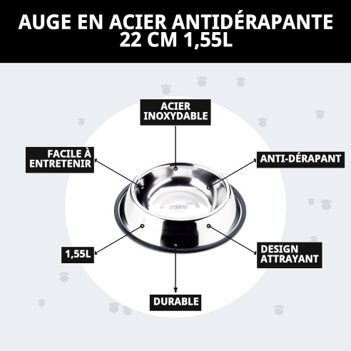 Bol en Acier Antidérapant 22 cm - 1,55 L pour Animaux de Compagnie