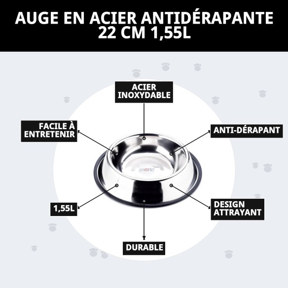 Bol en Acier Antidérapant 22 cm - 1,55 L pour Animaux de Compagnie