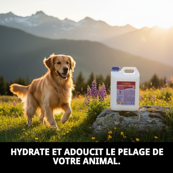 Crème adoucissante 5 litres pour le soin des animaux de compagnie.
