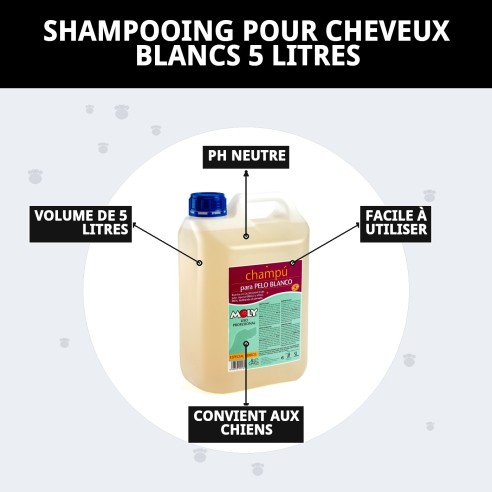 Shampoo 5L pour animaux à poils blancs, brillance et volume.