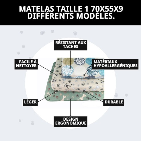 Matelas Taille 1 70x55x9 pour Animaux - Plusieurs Designs