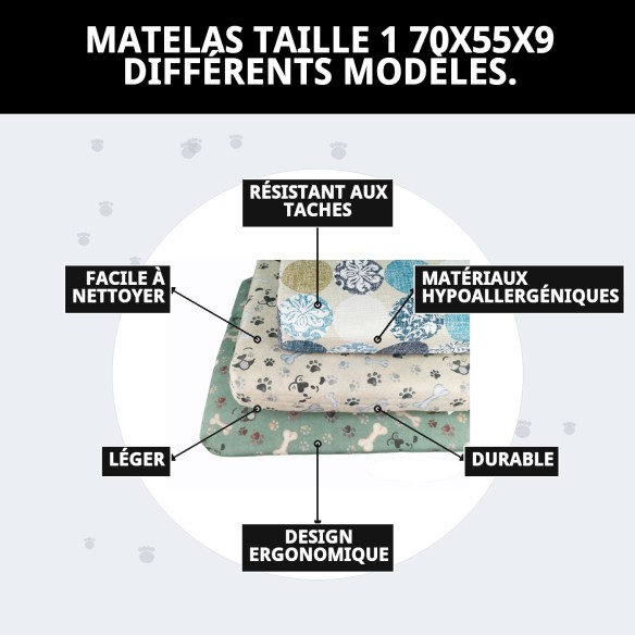 Matelas Taille 1 70x55x9 pour Animaux - Plusieurs Designs