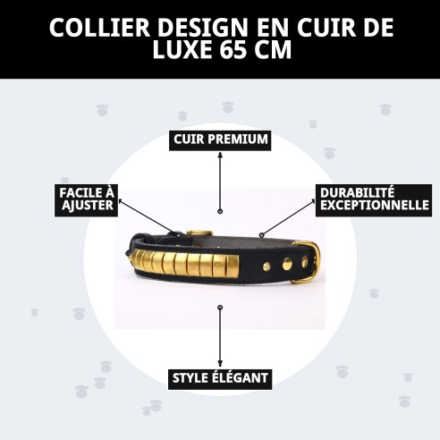 Collier en cuir Luxury 65 cm en noir et doré pour animaux de compagnie.