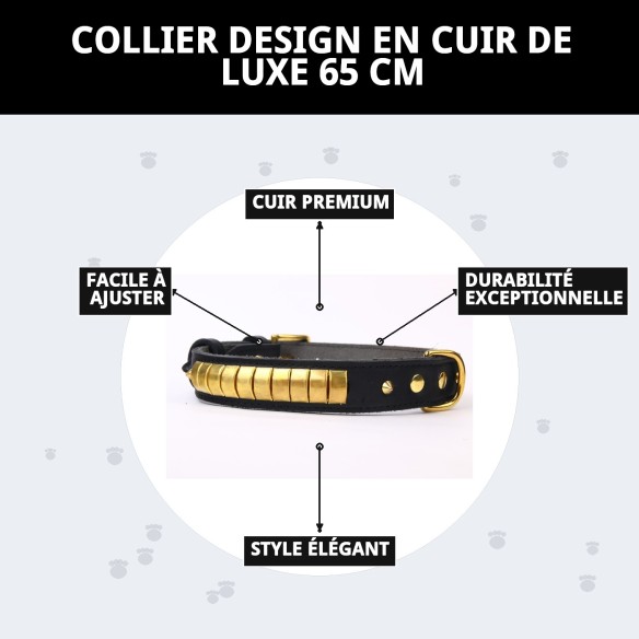 Collier en cuir Luxury 65 cm en noir et doré pour animaux de compagnie.