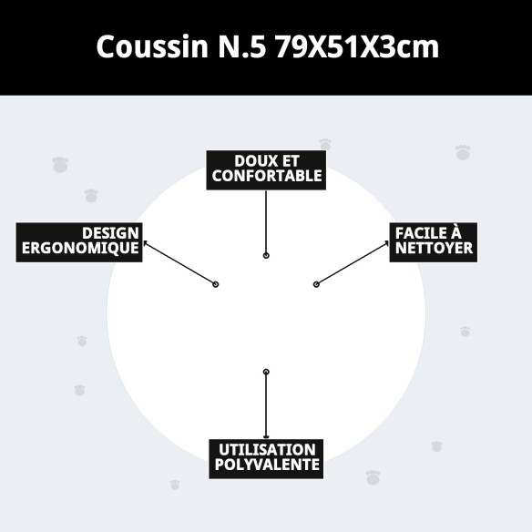 Coussin N.5 79x51 cm pour chiens et chats, déhoussable et lavable.