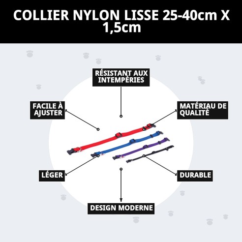 Collier en nylon lisse ajustable 25-40 cm pour animaux de compagnie.