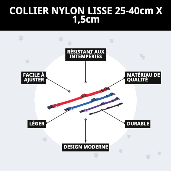 Collier en nylon lisse ajustable 25-40 cm pour animaux de compagnie.