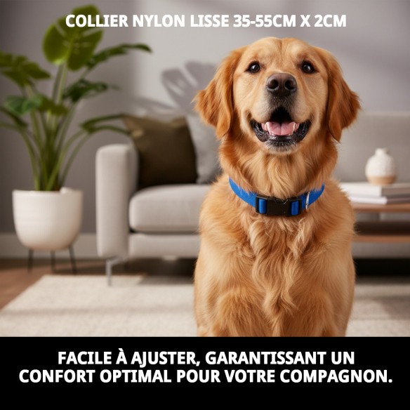 Collier en nylon lisse bleu 35-55 cm pour animaux de compagnie