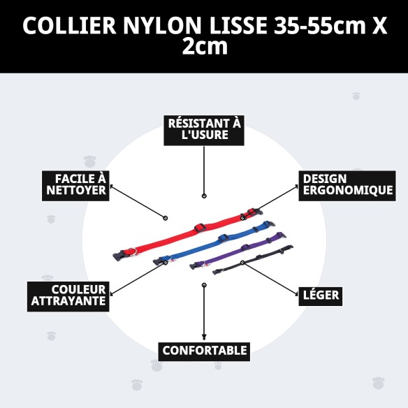 Collier en nylon lisse bleu 35-55 cm pour animaux de compagnie
