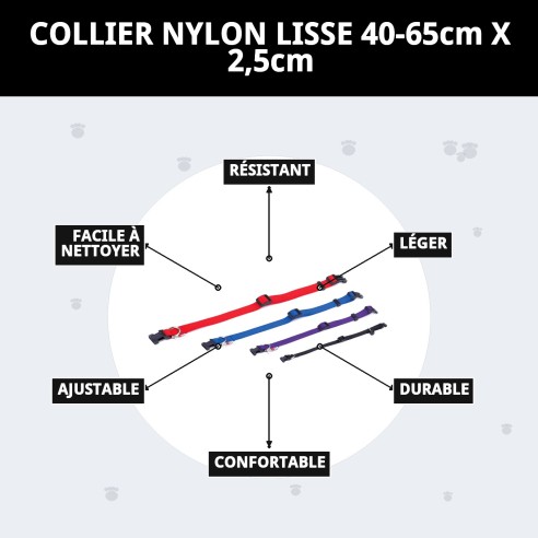 Collier en Nylon Uni pour Animaux - Noir et Rose 40-65 cm