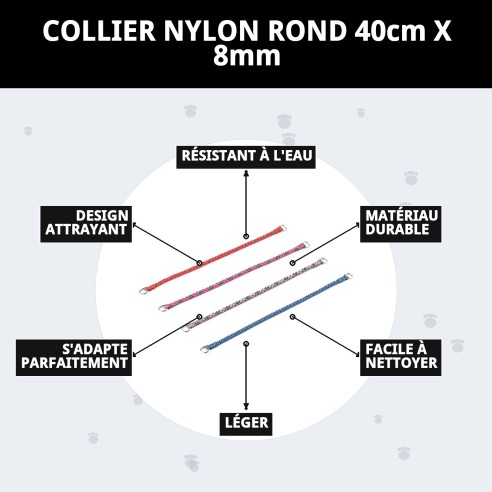 Collier en nylon rond 40 cm x 8 mm pour animaux de compagnie
