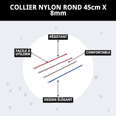 Collier en nylon rond 45 cm x 8 mm pour animaux de compagnie.