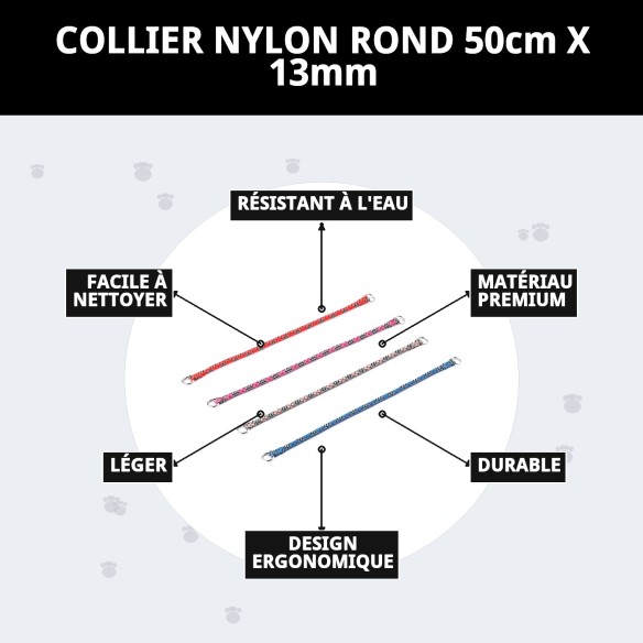 Collier en nylon rond 50 cm x 13 mm pour animaux de compagnie.