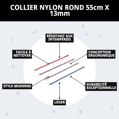 Collier en nylon rond 55 cm x 13 mm pour animaux actifs