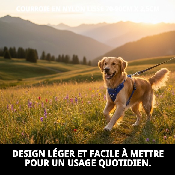 Harnais en nylon lisse 70-90 cm x 2,5 cm pour animaux de compagnie.
