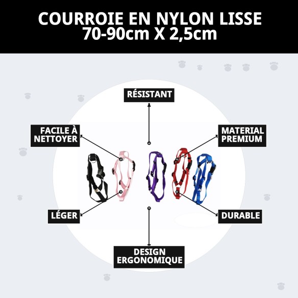 Harnais en nylon lisse 70-90 cm x 2,5 cm pour animaux de compagnie.