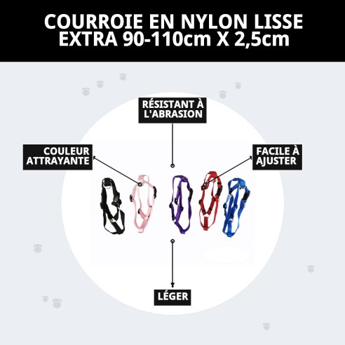 Harnais en nylon lisse extra rose 90-110 cm pour animaux de compagnie.