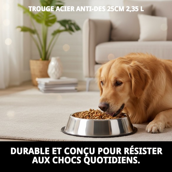 Bol en Acier Antidérapant 25 cm - 2,35 L Idéal pour Animaux de Compagnie