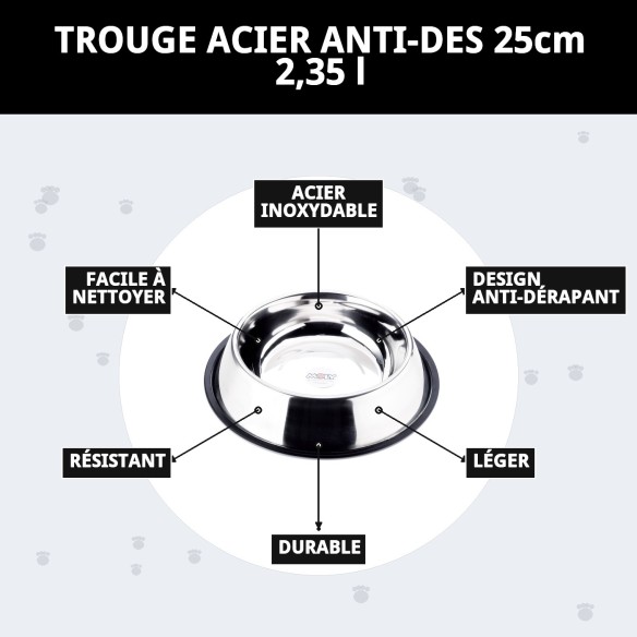 Bol en Acier Antidérapant 25 cm - 2,35 L Idéal pour Animaux de Compagnie