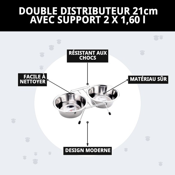 Bol double 21 cm avec support - Idéal pour les animaux de compagnie