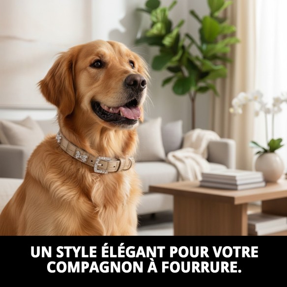 Collier en cuir beige avec os 1,6x30 cm pour animaux de compagnie.