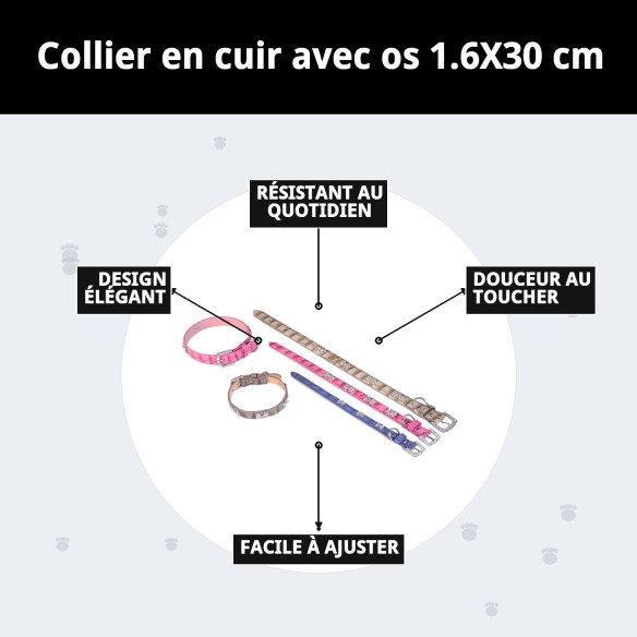 Collier en cuir beige avec os 1,6x30 cm pour animaux de compagnie.