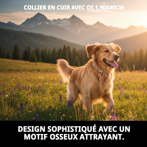 Collier en cuir avec os beige 1,90x40 cm pour animaux de compagnie.