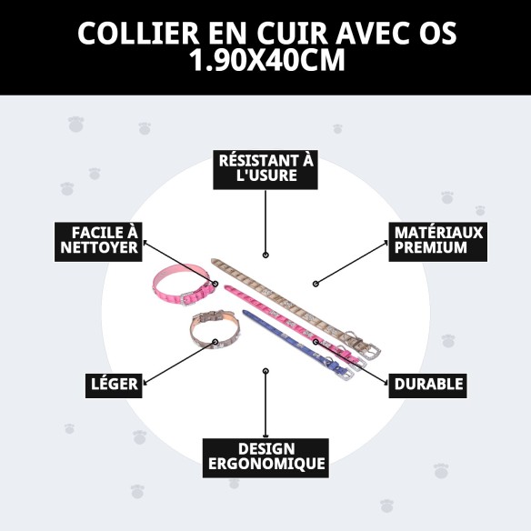 Collier en cuir avec os beige 1,90x40 cm pour animaux de compagnie.