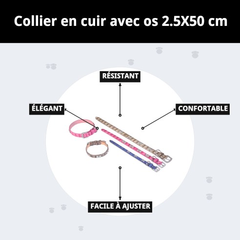 Collier en Cuir avec Os pour Animaux de Compagnie - Beige et Bleu