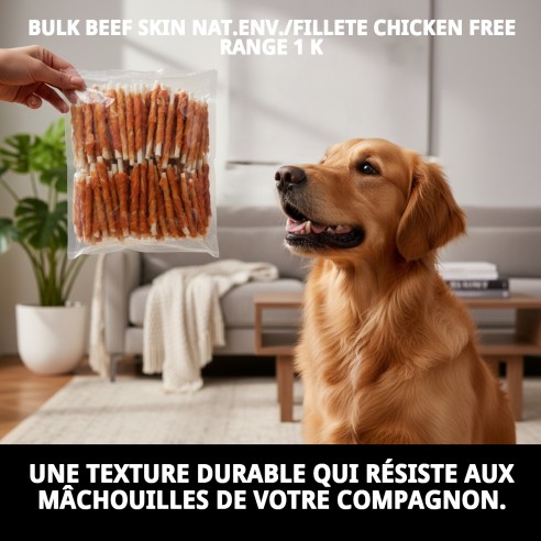 Peau de Vache en Gros avec Filet de Poulet de Ferme 1kg pour Animaux de Compagnie
