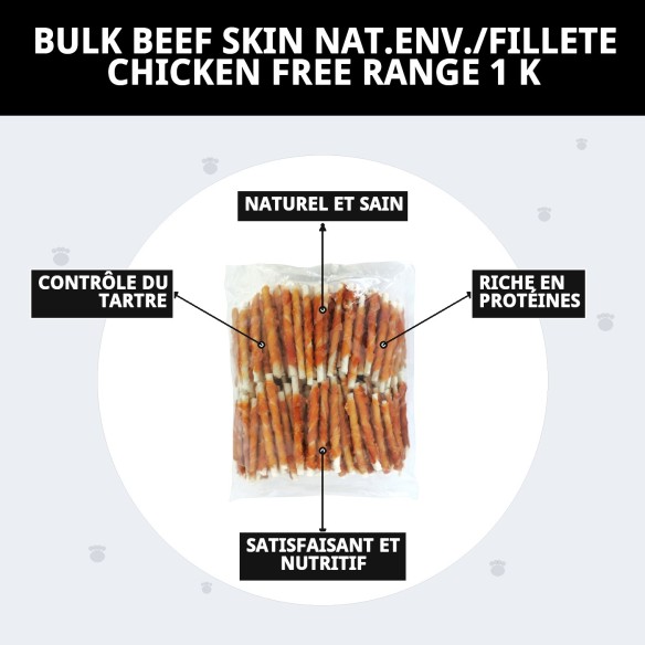 Peau de Vache en Gros avec Filet de Poulet de Ferme 1kg pour Animaux de Compagnie