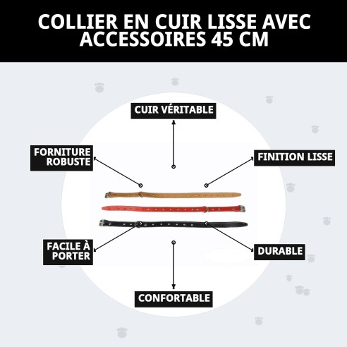 Collier en cuir lisse avec accessoires - 45 cm pour animaux de compagnie