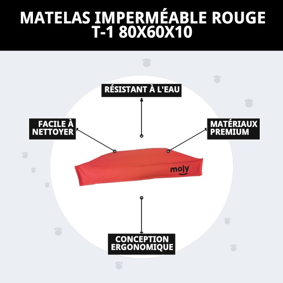 Matelas étanche rouge T-1 80x60x10 pour animaux heureux.