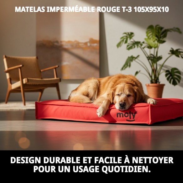 Matelas imperméable rouge T-3 105x95x10 pour animaux de compagnie faciles.