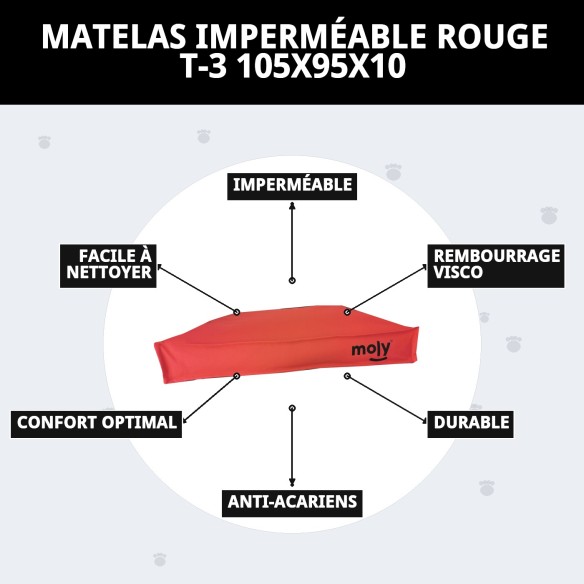 Matelas imperméable rouge T-3 105x95x10 pour animaux de compagnie faciles.
